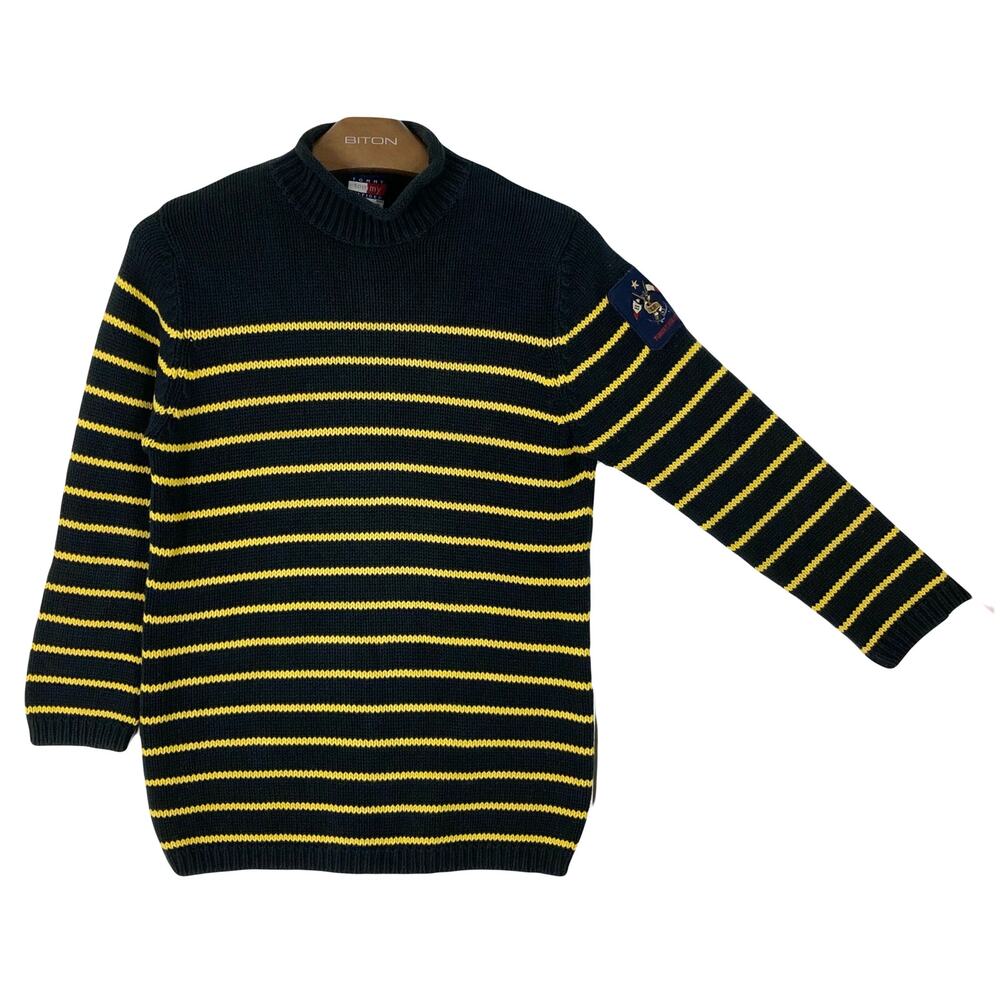 Vintage TOMMY HILFIGER Sweater Men M Stripe Navy Yellow Logo-Crest Thick Knit